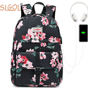 Floral Backpack with USB Charging PortSLGOL Charging Bookbag Lightweight Travel Daypack Fit for 15.6 Laptop Bag Student for School