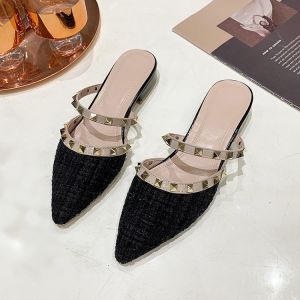 [Free Shipping] 2026 Summer New Rivet Toe Slip-On Mules With Houndstooth Pattern Low-Heel WomenS Shoes For Outdoor Wear