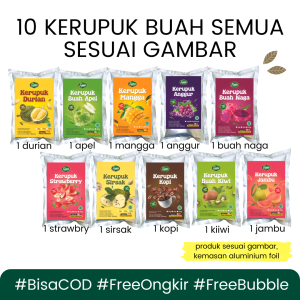 Fiona Paket Hemat 10 pcs Keripik dan Kerupuk Buah Apel Nangka Salak Durian Anggur Strawberry 50gram