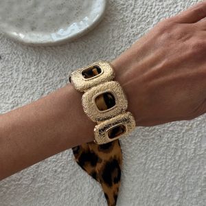 THANKSKY Họa tiết da báo Vòng tay lụa kiểu khăn quàng cổ Được bọc bằng ruy băng Vàng Vòng đeo tay phong cách dân tộc Bohemian Hoa rỗng Vòng tay kim loại bản rộng Phụ nữ