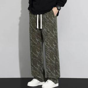 Korean Corduroy Tie dye fabric Elastic waist Straight pants Fashion Thick Loose Cargo pants M-4XL