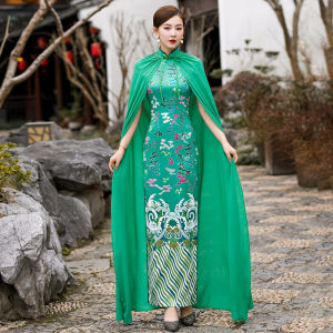 8839 New Large Size Long Red Cheongsam Dress R Double-Layer Dance Costume Wedding Dinner Dress