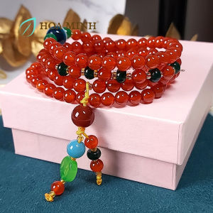 Vòng tay chuỗi 108 hạt Mã Não đỏ size 6 li phối các loại đá mã não khác phong cách trang nhã bình an | Hoa Minh Gem