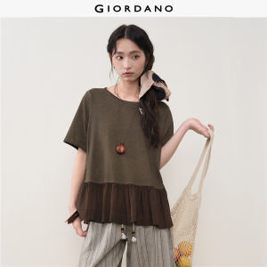 Giordano Women Ruffle hem short sleeve spliced knit tee Free Shipping 18326616