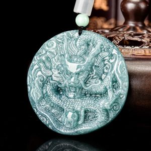 TIMESWIND Natural Jade Green Zodiac Dragon Play Bead Round Pendant for Men with Certificate