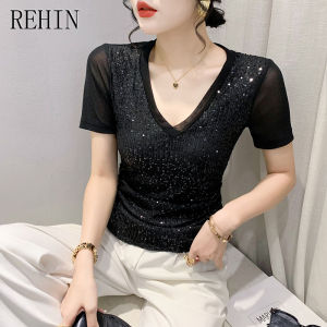 REHIN Summer new V-neck light luxury heavy work sequin splicing mesh T-shirt slightly transparent and slimming with pleated top
