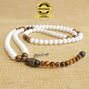 GOLDEN WHITE JADE - Tasbih Batu Alam Kristal Giok Putih Salju Mix Tiger Eye Black Onyx Asli 99 Butir Original Mewah Terbaru