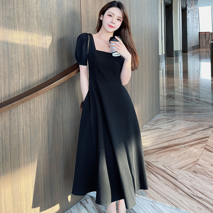 outfit korean style dress midi hitam vintage wanita fashion gala dinner  dress simple elegant black and white dress formal casual Bodycon Dress  Floral Pattern Ukuran Dress 3Xl S - Lazada | Lazada Indonesia