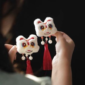 HOME HAM Embroidery Children Red Hairpin Tassel Lion Dance Hanfu Hair Sticks All-match Cloth Ancient Style Hairpin Children