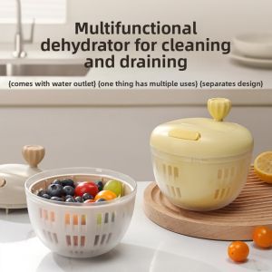 LIANG Drain and Spin Dryer Vegetable Washing Basin Food Grade Plastic Fruit Vegetable Dehydrator Rapid Dehydration Leakproof Fruit Manual Spin Basket Household