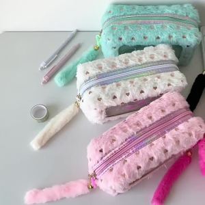 ins Simple silver-embossed plush makeup bag with high aesthetic appeal bow-tie transparent stationery storage bag portable pencil case for students