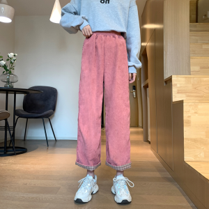 Celana lurus korduroi wanita gaya Korea Celana lebar pinggang tinggi retro