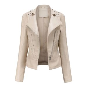 WuChu 2024 Rivet PU Leather Jacket Women Motorcycle Moto Biker Zipper Jacket Ladies Pink Black Purple Coat Fashion Spring Autumn