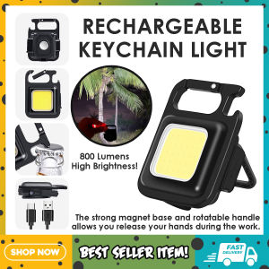 Portable Rechargeable Keychain Light Small Flashlights 800Lumens Bright Rechargeable Keychain Mini Flashlight 3 Modes Portable Pocket Light with Folding Bracket Bottle Opener and Magnet Base for Fishing Walking and Camping