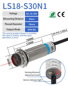 GTRIC Diffuse Reflection Photoelectric Sensor M18 Series 10-30V NPN PNP Visible Spot 2mm Sensing Distance 30CM Adjustable