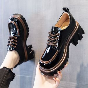 Womens British Style Versatile Round Toe Leather Shoes Genuine Leather Thick Soled Loafers for Women