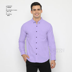 Helten kemeja polos pria warna ungu lilac lengan panjang