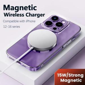 15W fast magnetic wireless charger pad for iPhone 16/15/14/13/12 Series & 3/2-USB-powered LED charging stand compatible sleek metallic finish fast charging adapter SeaSpark