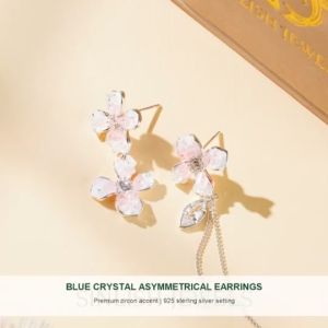 SINLISH Korean Style Asymmetrical Earrings Petal Tassel Design with Blue Crystal & Sparkling Zircon