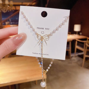good 999 jewelry Fashion temperament zircon 14K gold plated Tassel Butterfly Pearl  short Necklace for women N7029