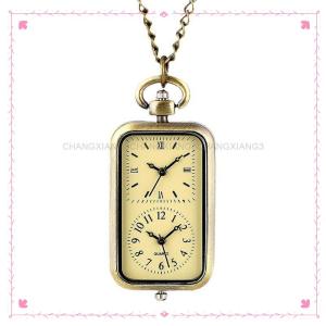 【CHANGXIANG3】 Đồng hồ tinh tế bằng đồng móc khóa bỏ túi đồng hồ vuông Retro đôi thời gian đồng hồ thạch anh không có mặt dây chuyền phong cách cổ