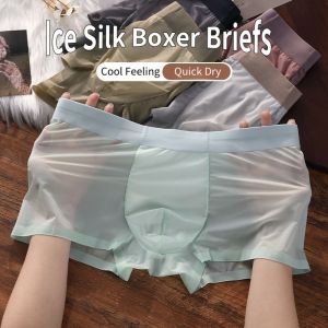 KISSCAT ความรู้สึกเย็นๆ กางเกงในบ็อกเซอร์ชาย สีทึบทึบ บางเฉียบมาก กางเกงชั้นในไร้ตะเข็บ สะดวกสบายสบายๆ แห้งเร็วมาก กางเกงบ็อกเซอร์ผ้าไหมน้ำแข็ง ตัวผู้ผู้