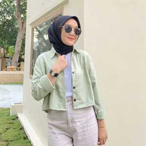 MANDIRI COLECTION JAKET JEANS CROP RAWIS SNOW BLUE JAKET JEANS WANITA RAWIS