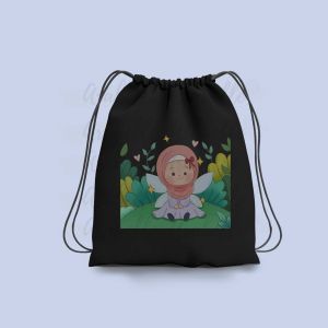 Tas Serut atau String Bag Hitam Bergambar Karakter Anak Perempuan dan Laki-Laki Muslim/Tas Serut Goodie Bag