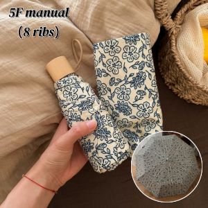 Retro Blue Floral Print Folding Umbrella Automatic & Manual Available UV Protection Portable Compact Sun Rain Parasol for Women Outdoor Travel
