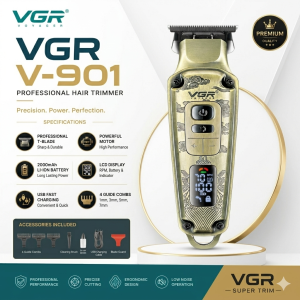 VGR V-901 Professional Hair Trimmer Precision Power Perfection Gold Design 2000mAh Battery LCD Display USB Fast Charging 4 Guide Combs Accessories Included