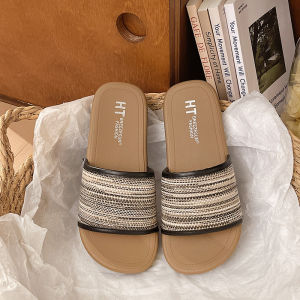 Free Shipping Knitted Slip-On Sandals For Women Suitable For Summer Wear Featuring A Roman-Style Design Semi-Craftsmanship And A Flat Fashionable Sole