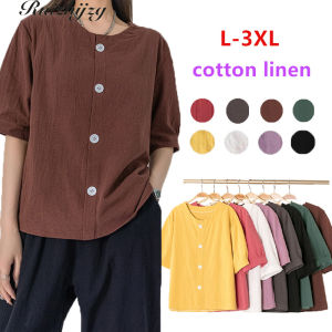 Ruizhijzg Women Short Sleeves T Shirt Round Neck Baju T Shirt Putih Lelaki Crew Neck Plus Size Cotton Linen Loose Casual Summer Fashion Ladies Top New Desigh 2022 Basic Tunic Tee Blouse Shirt Black White Green Coffee Grey Plain Color
