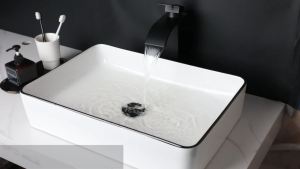 LDIES Bathroom Basin Faucet Set White Ceramic Black Edge Washbasin Waterfall Hot Cold Mixer Tap Matte Black Pop Up Drain K3R9Z