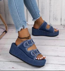 Free Shipping Plus-Size Wide-Strap Denim Belt Buckle Slip-On Sandals For Women New Summer Outdoor Style Thick-Soled Sandals
