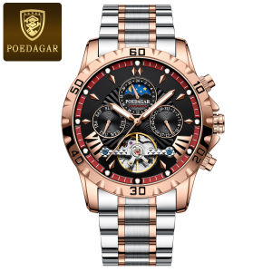 POEDAGAR Luxury Men Watches Hollow Automatic Mechanical Watch Stainless Steel Watch for Men Luminous Date Week Waterproof Wristwatches Fashion Original Man Clock