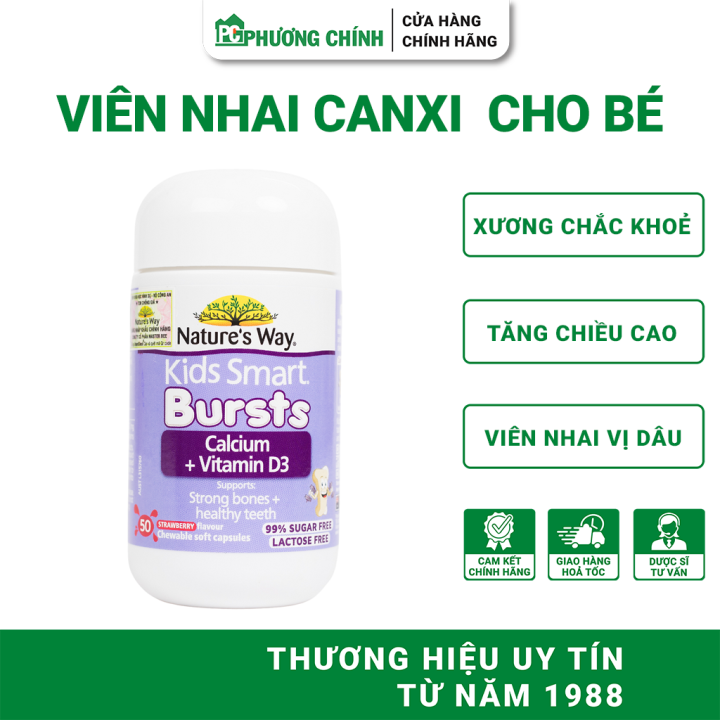Canxi Cho Bé Nature's Way Kids Smart Bursts Calcium + Vitamin D3 Giúp Tăng Hấp Canxi Cho Xương Răng Chắc Khoẻ 50 Viên