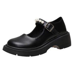 IELGY Pearl Buckle Strap Mary Jane Shoes Flat Sole Round Toe White Shiny Leather British Leather Shoes Women