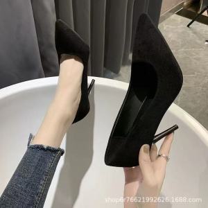 Free Shipping 34-42 Large Size High Heels For Women New Spring And Autumn Styles Black Stiletto Heels Pointed Toe Shallow Mouth Suede Professional Work Shoes