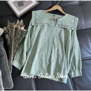 Cyra Blouse Atasan Kemeja Bordir Linen Crinkle Realpict ( Size S M L XL XXL XXXL 5L Jumbo )