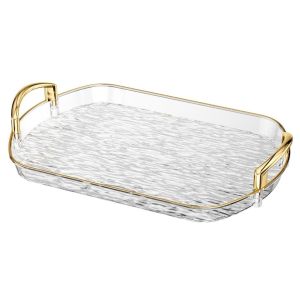 ALICE XU Rectangular Clear Luxury Tray Transparent Gold Rim Storage Tray Chic Style Large Capacity Dining Tea Serving Platter Home Decor