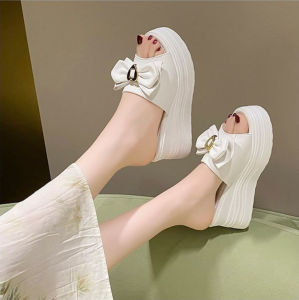 [Free Shipping] Womens Summer High-Heel Slippers with Thick Soles Fashionable Wedge Sandals for Outdoor Wear Versatile Bowknot Platform Sandals