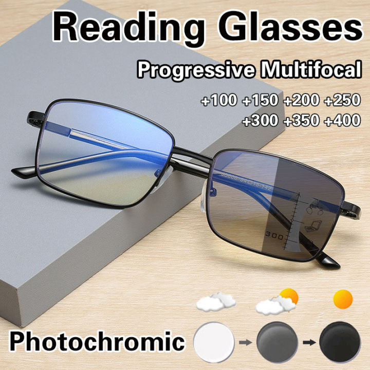 4 In 1 Photochromic Progressive Multifocal Reading Glasses Anti Blue Light Presbyopia Glasses 5851