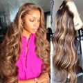 ARIETIS Ombre Highlight Lace Front Wigs Human Hair 250 Density 12A Body Wave Honey Blonde P4/27 13x4 Glueless HD Lace Frontal Wigs for Black Women Pre Plucked Bleach Knots With Baby Hair 28 Inch. 