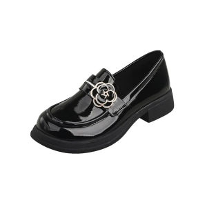 RUIMO Loafer Wanita Elegan Motif Floral Kulit Imitasi Warna Hitam Matte