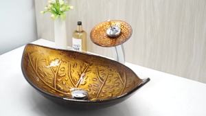 LDIES Art Bathroom Basin Faucet Sets Leaf style Tempered Glass Sink W/ Translucent Hot Cold Faucet Chrome Finished Pop Up Drain Q5K9H