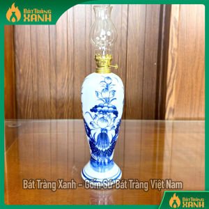 Đèn Dầu Thờ Cúng Cao Cổ Bát Tràng Men Lam Vẽ Hoa Sen Đèn Thờ Gia Tiên Thần Tài Bóng Thủy Tinh
