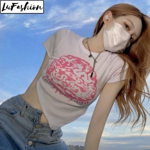 LuFashion Crop Tops for Women Summer Short Sleeve Slim Print Casual T-Shirts