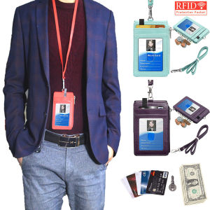 LEIFNYDI PU Leather with Neck Lanyard Bus Pass Case Cover Anti-theft RFID Blocking Employee ID Cover ID Card Case Name Badge Holder Credit Card Holder