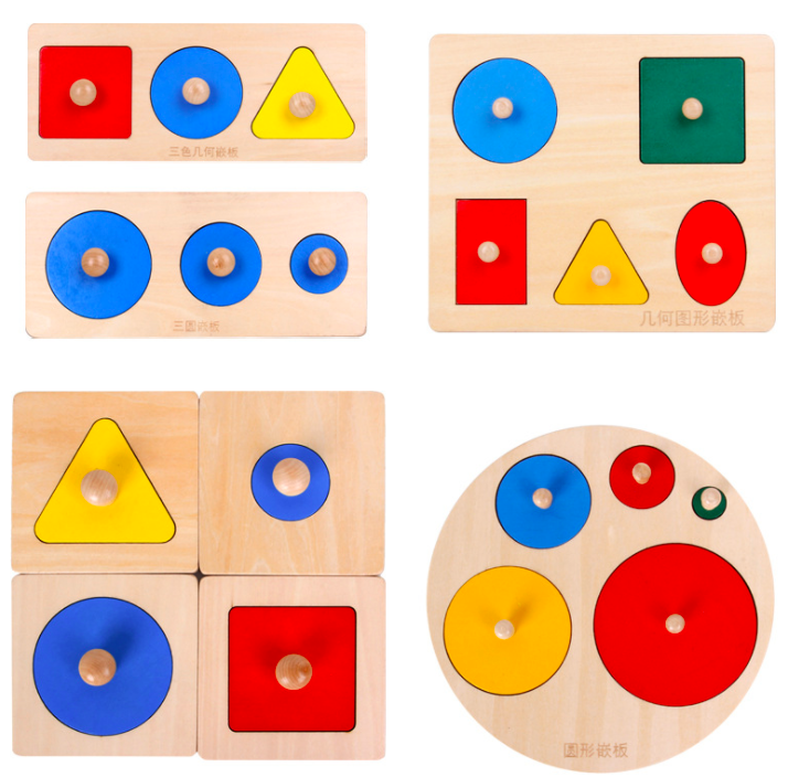 Montessori Wood Knob Puzzle Peg Board Geometric Shape Match Baby 