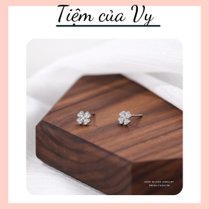Khuyên tai bạc S925 cỏ bốn lá may mắn đính đá lấp lánh siêu xinh